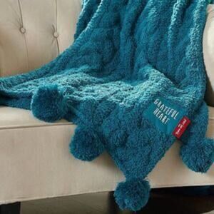 Peace Love World Grateful Heart Mega Luxe Cable Knit Blue Throw Pom Pom Blanket